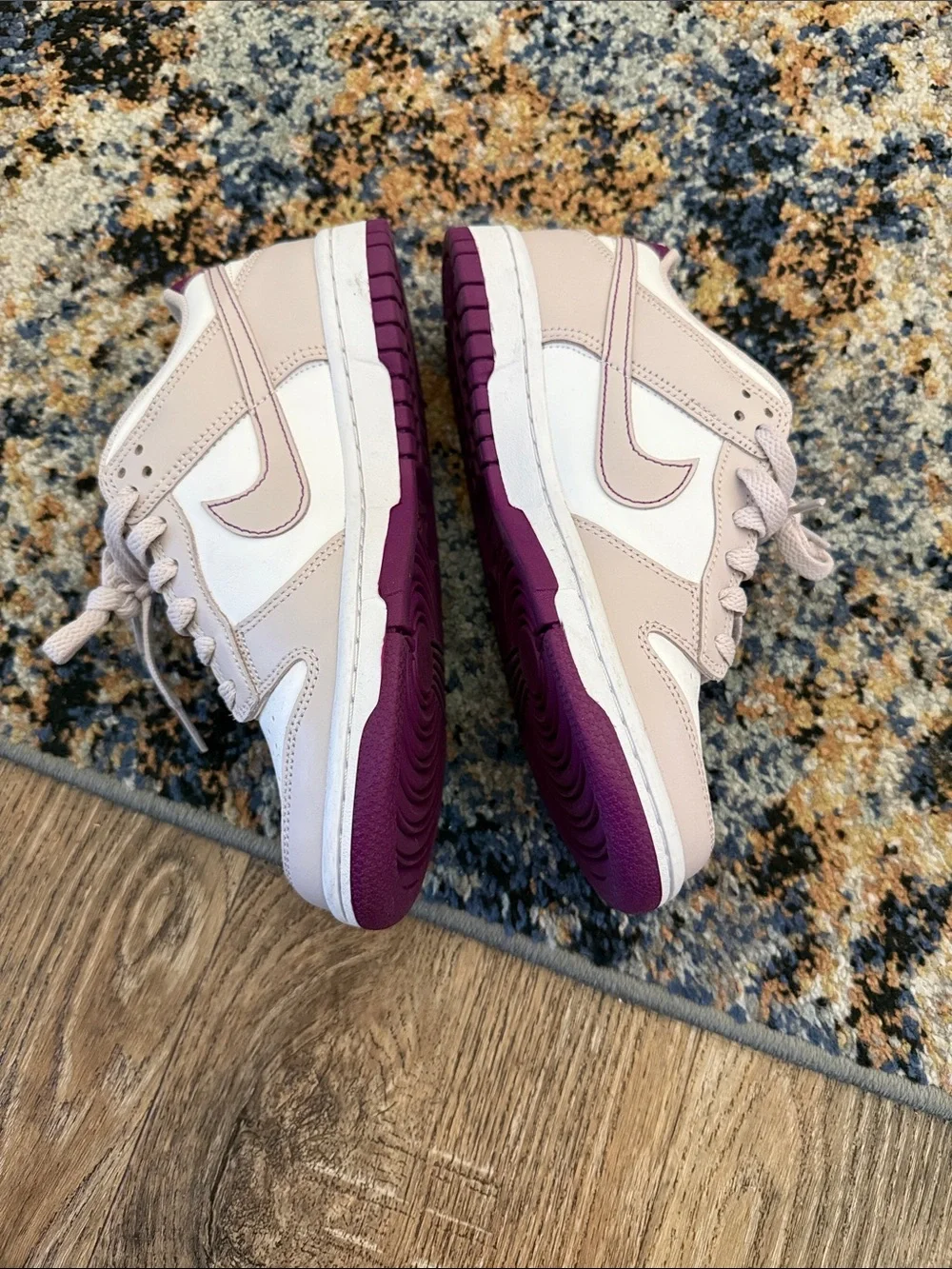 Nike Dunk Low-Top Sneakers in White, Mauve, and Purple Accents